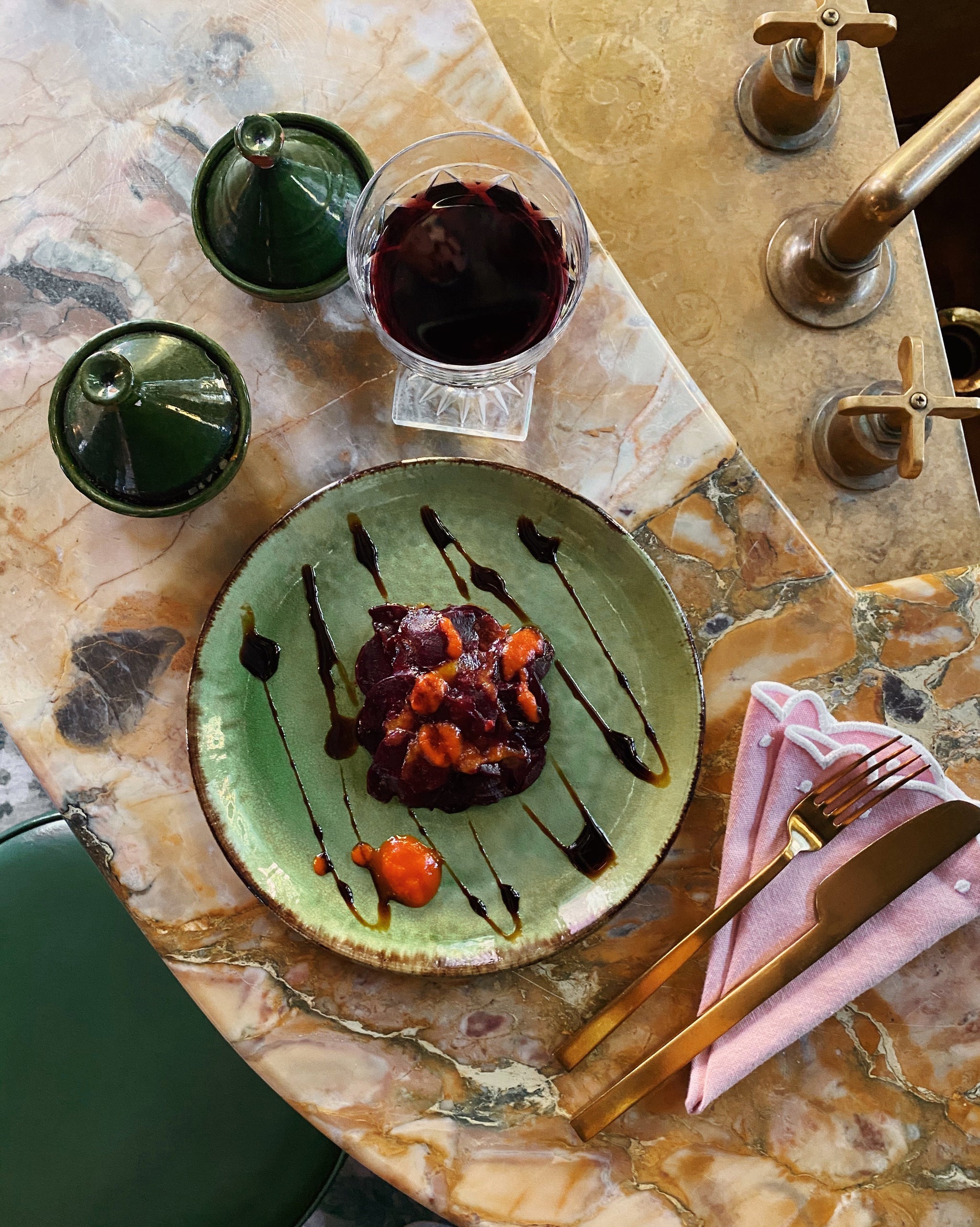 Carpaccio Beet with Roasted Bell Peppers &amp; Chlorophyll Sauce &ndash; Flamingo Estate