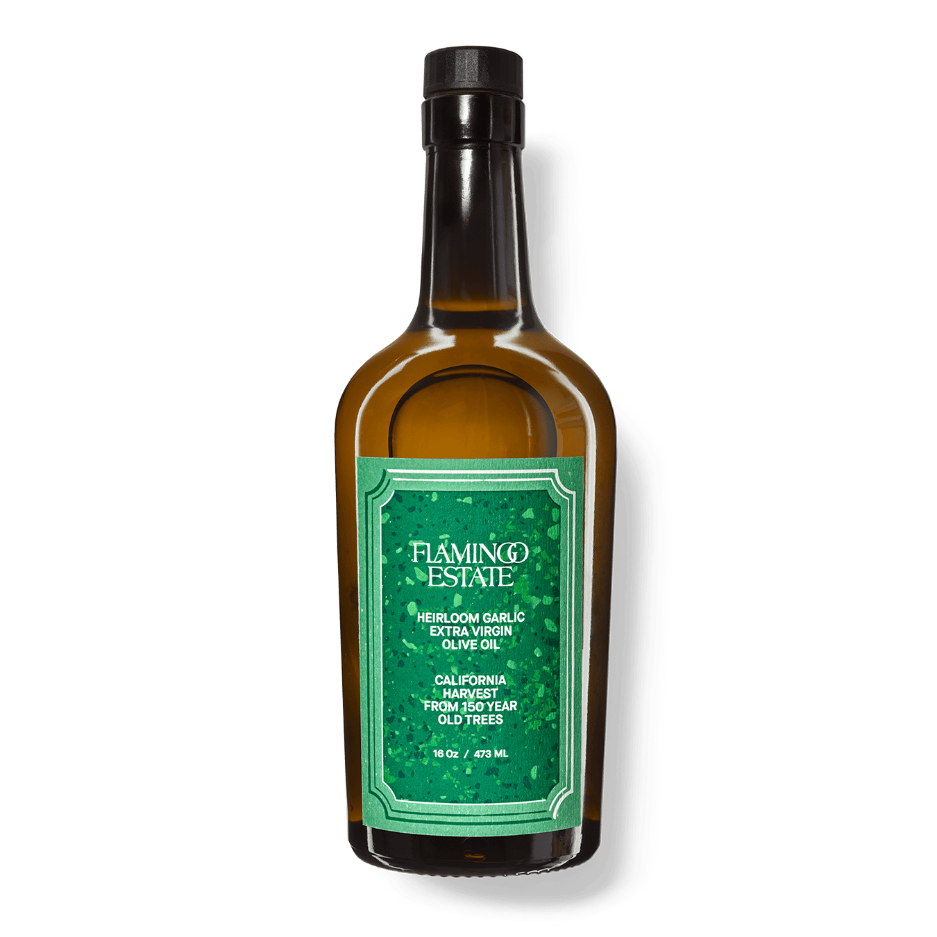 Flamingo Estate Garlic Infused Olive Oil in a sleek green-labeled bottle.
