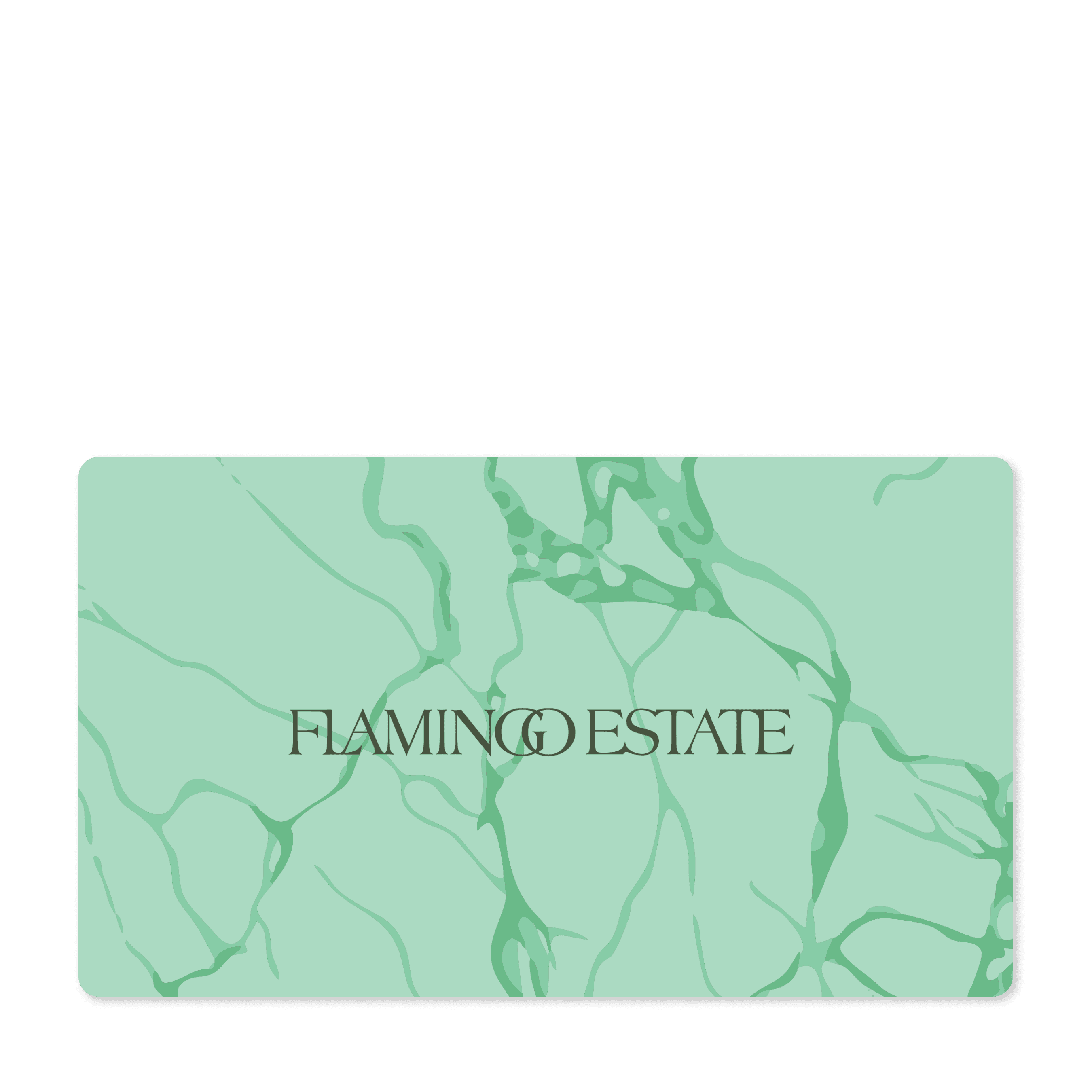 A rectangular, green marble-patterned card displays the text "FLAMINGO ESTATE."