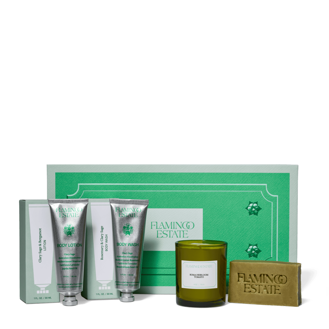 Gift set includes body wash, lotion, soap, and candle in elegant packaging.