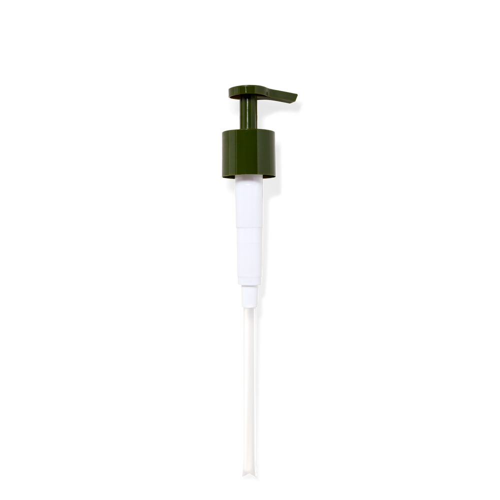 A green and white pump dispenser stands upright.