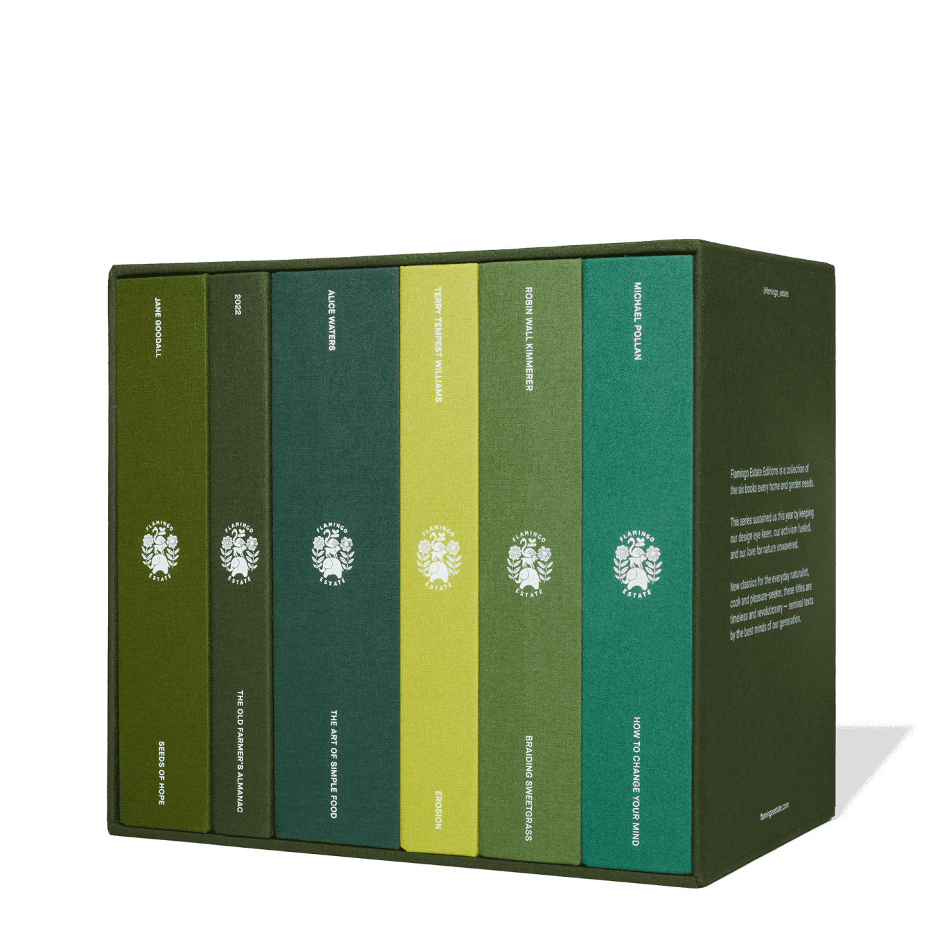 A collection of six hardcover books stands in a matching green box.