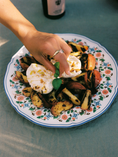 Grilled Peaches and Burrata with Smoky Piquant Honey and Persimmon Vinaigrette