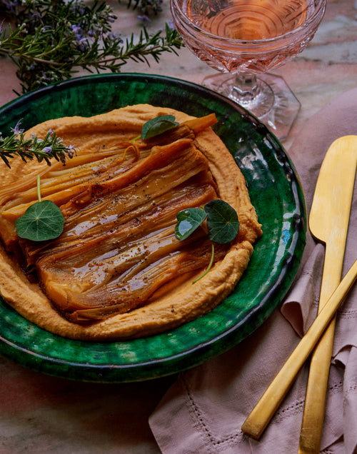 Braised Leeks with Carrot-Tahini Sauce