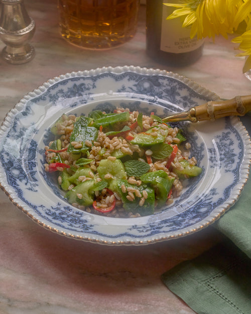 Farro Salad with Crushed Cucumbers, Garlic, Mint & Fresno Peppers