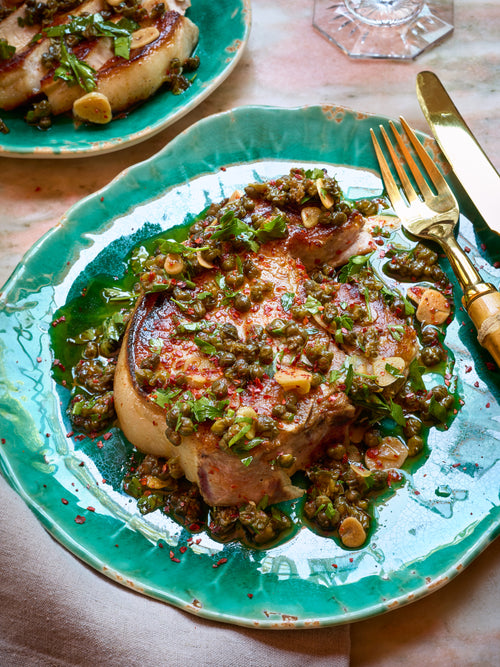 Pork Chops with Toasted Garlic and Spicy Capers