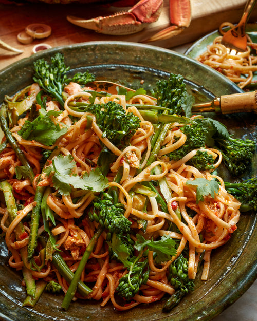 Chili Crab Noodles  with Asparagus and Broccolini