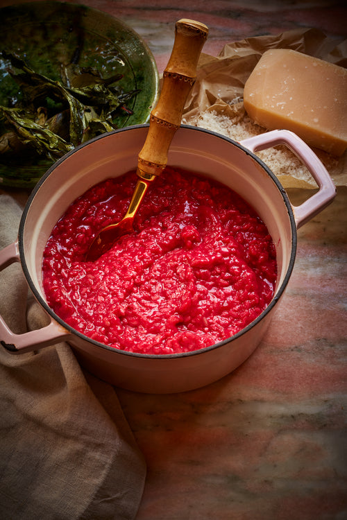 Beet Risotto with Crispy Beet Greens