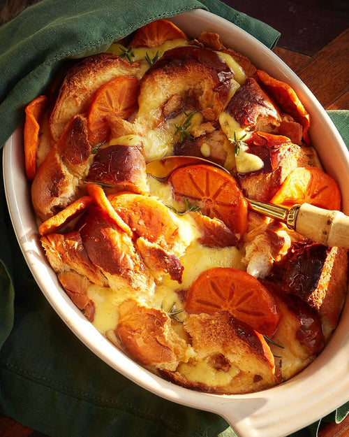 Persimmon Bread Pudding  with Rosemary Crème Anglaise
