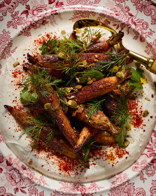 Harissa Carrots with Pumpkin Seeds, Labneh and Herbs