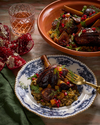 Lamb Shank Tagine with Apricots, Figs and Warm Lentil Salad