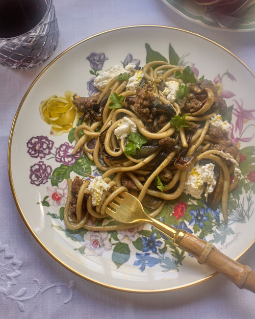Pici with Balsamic Braised Radicchio Tardivo, Fennel Sausage and Parsley