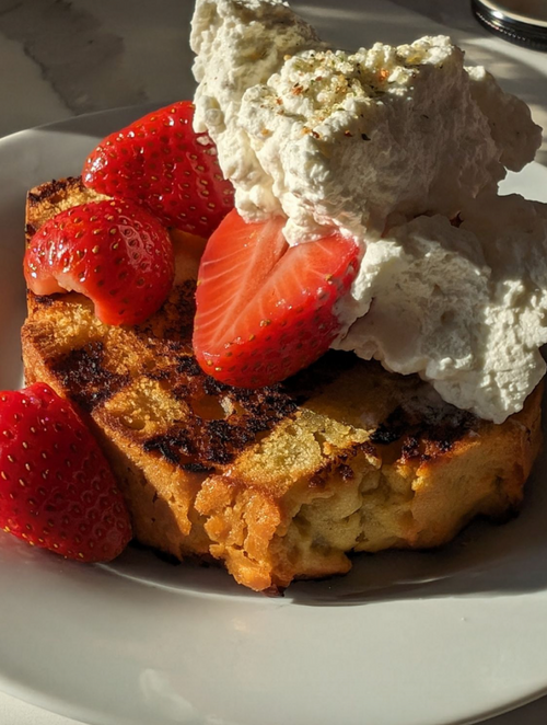 Grilled Olive Oil Pound Cake with Persimmon Pickled Strawberries and Jalapeno-Salted Whipped Cream