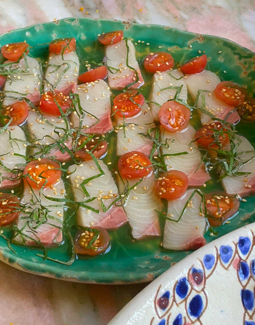 Hamachi Sashimi and Māmaki Dashi with Cherry Tomatoes