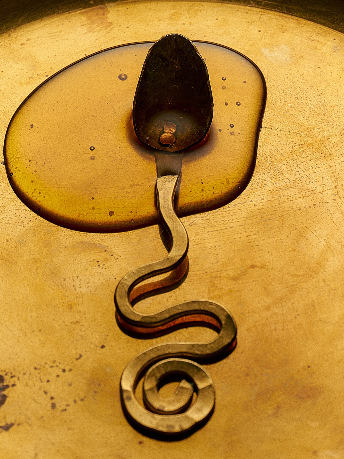 A metal spoon with a curled handle rests in a pool of honey.