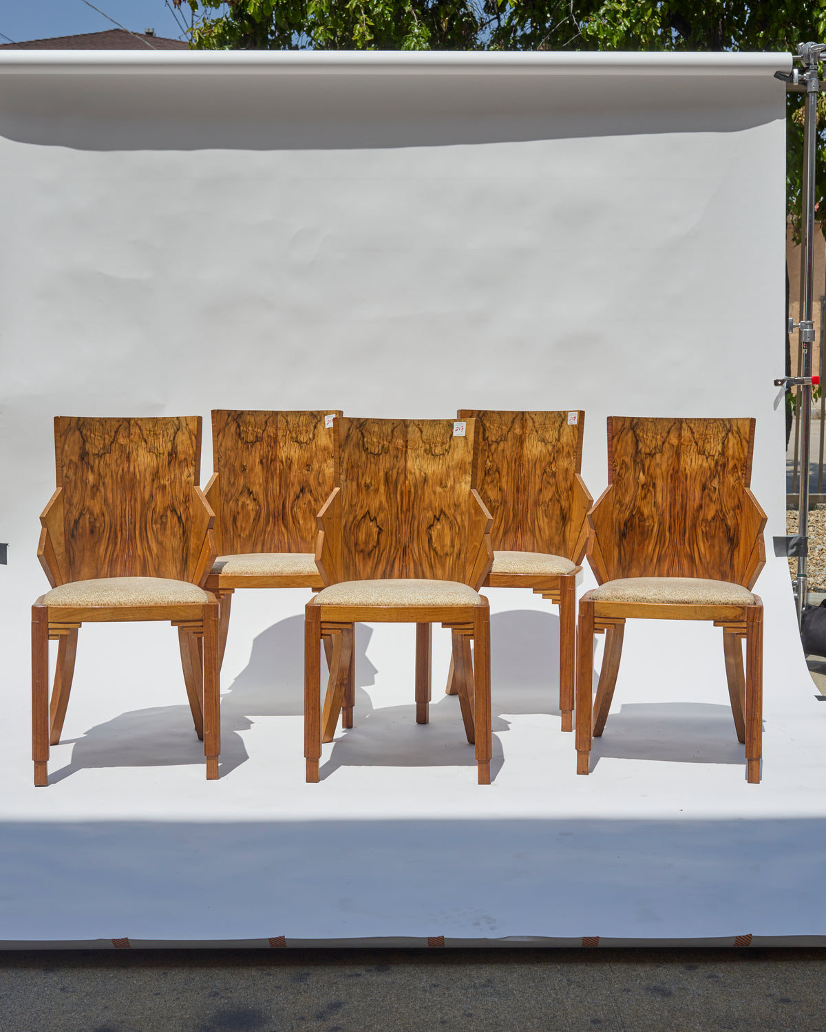 Set of 5 André Sornay Faceted-Back Side Chairs, Walnut, French Art Deco, circa 1930
