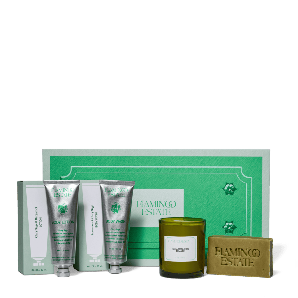 Gift set includes body wash, lotion, soap, and candle in elegant packaging.