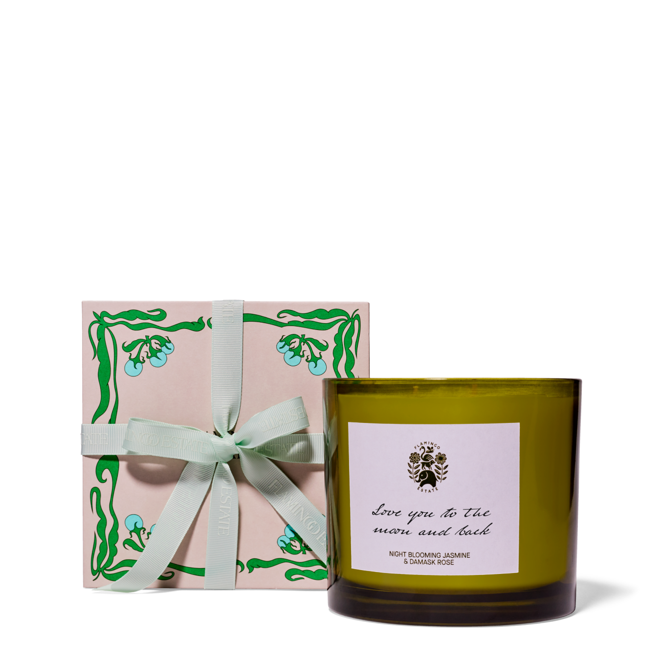 Three-Wick Flamingo Estate Candle Next To Its Packaging