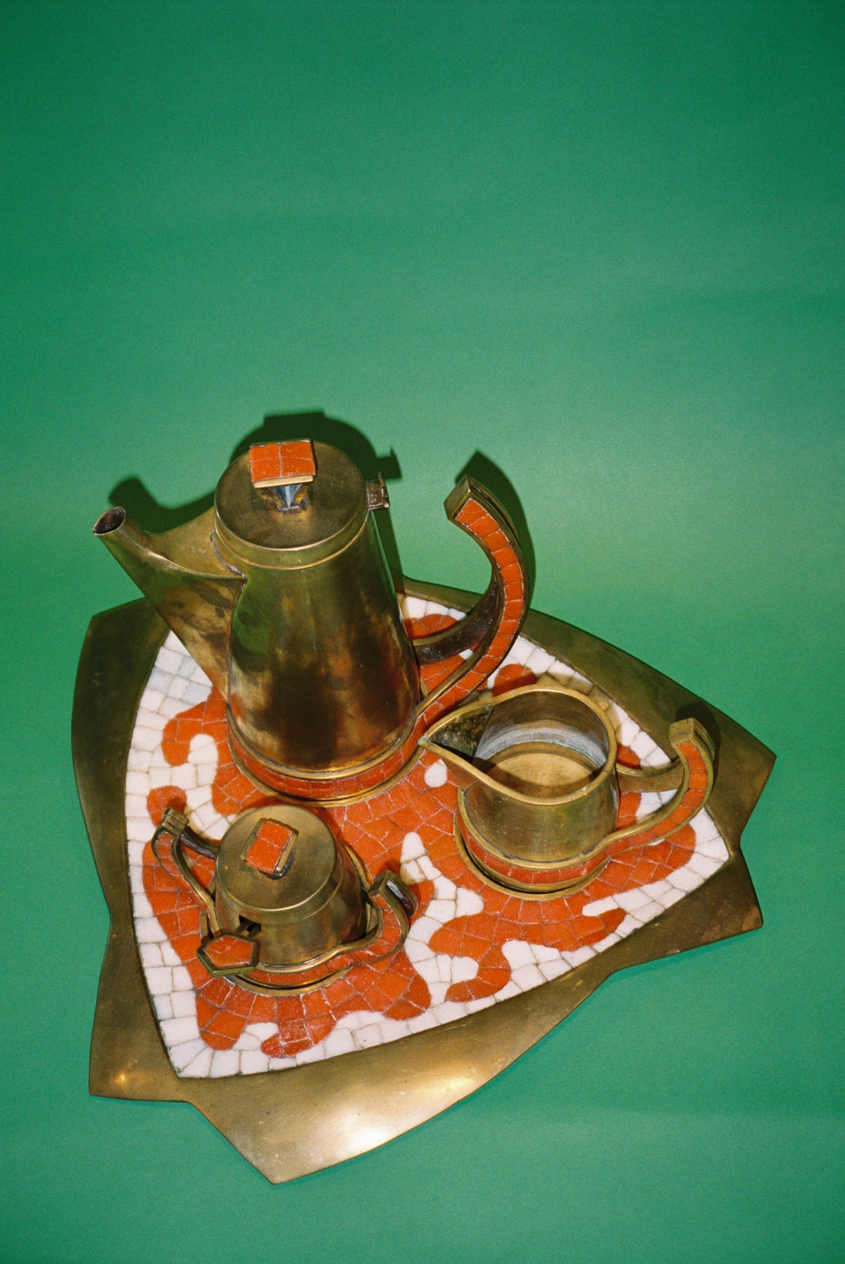 Salvador Terán Brass and Orange Glass Mosaic Tea Service, Mexico, c. 1960s - Flamingo Estate