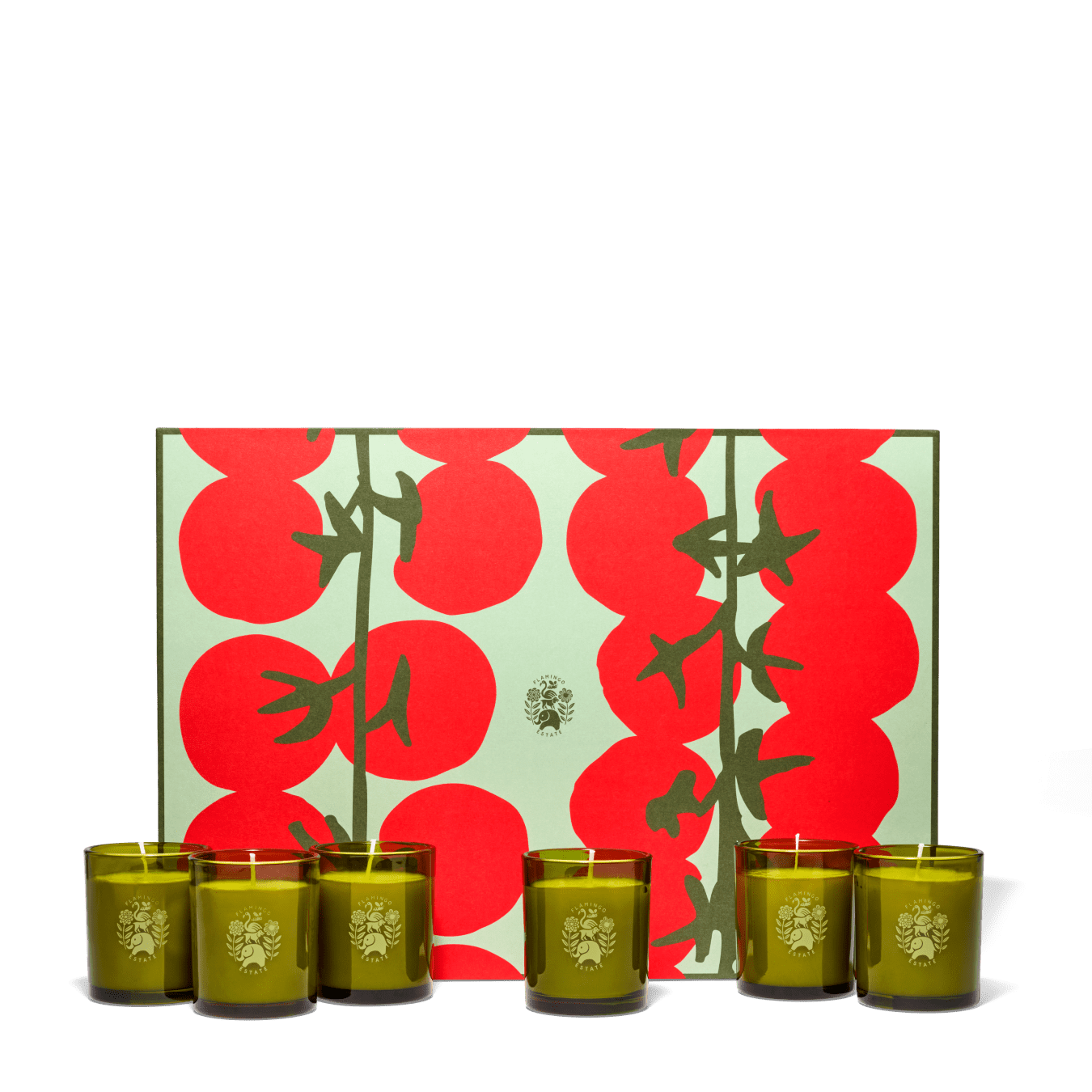 A Set Of Six Candles Arranged In Front Of A Vibrant Box Featuring Red Tomatoes