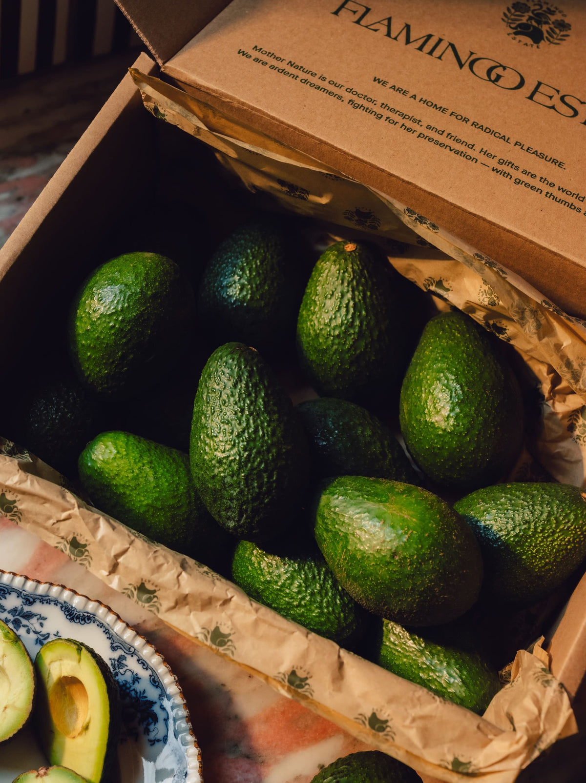 A cardboard box contains several whole avocados resting on crinkled paper.