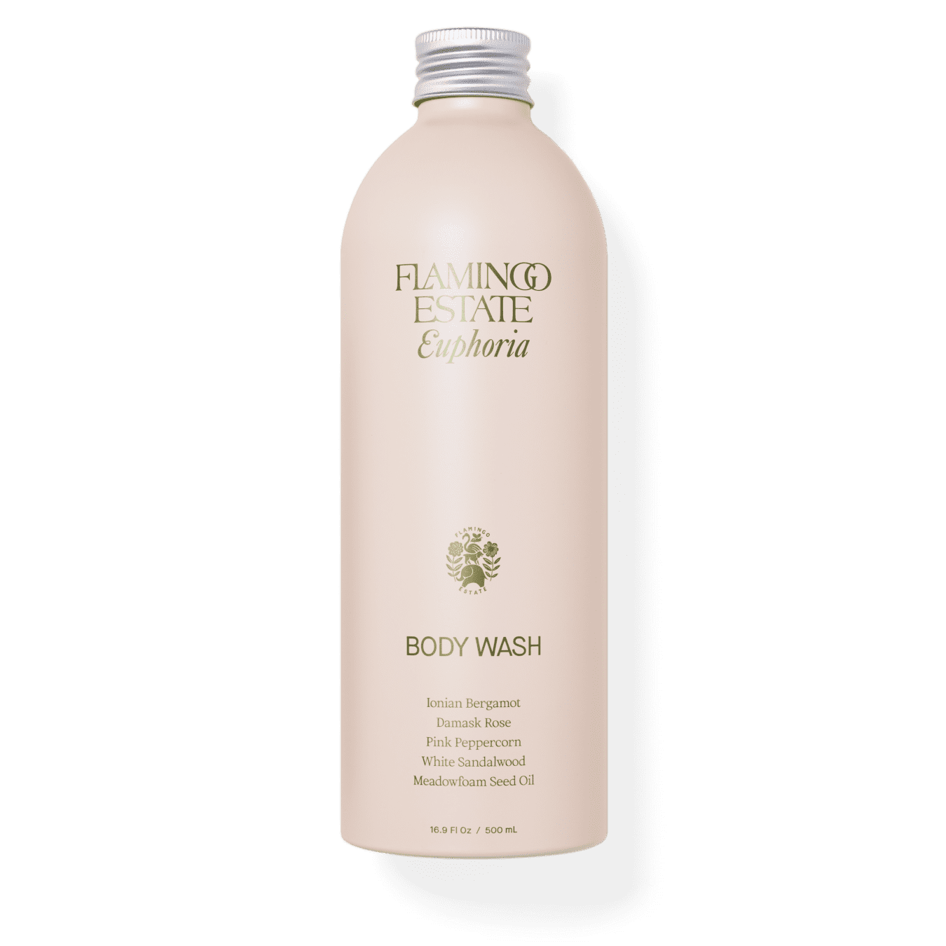 A pink bottle with a silver cap labeled "Flamingo Estate Euphoria Body Wash."