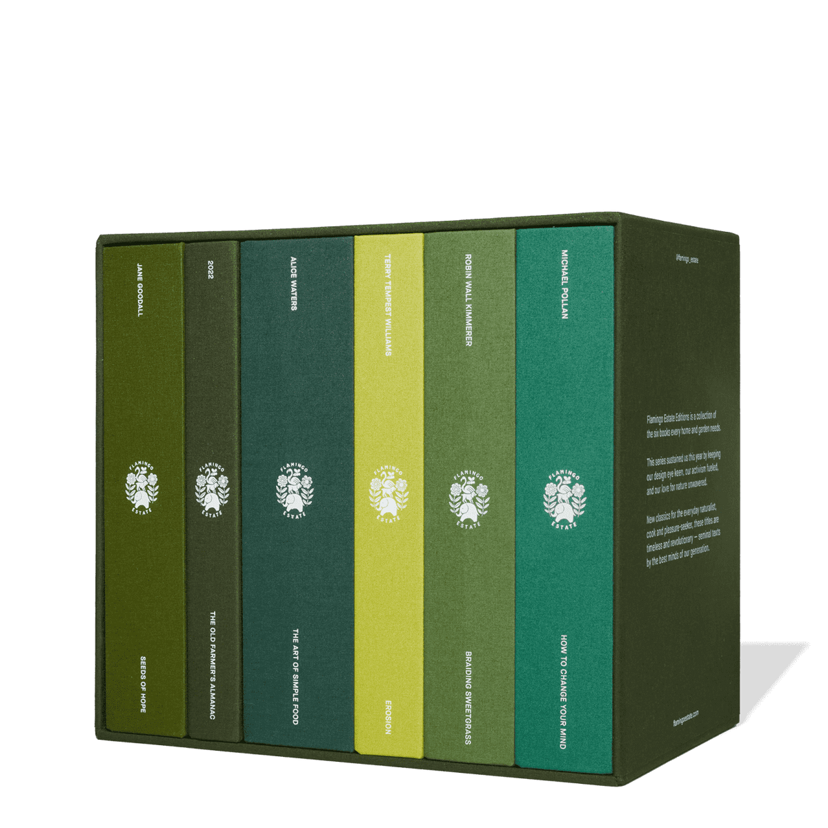 A collection of six hardcover books stands in a matching green box.