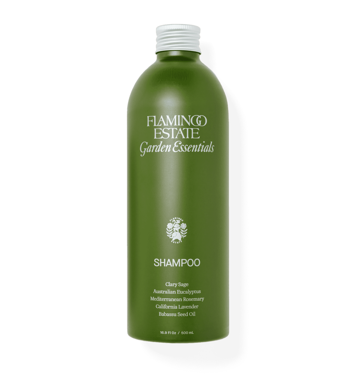 A green bottle labeled "Flamingo Estate Garden Essentials SHAMPOO." 