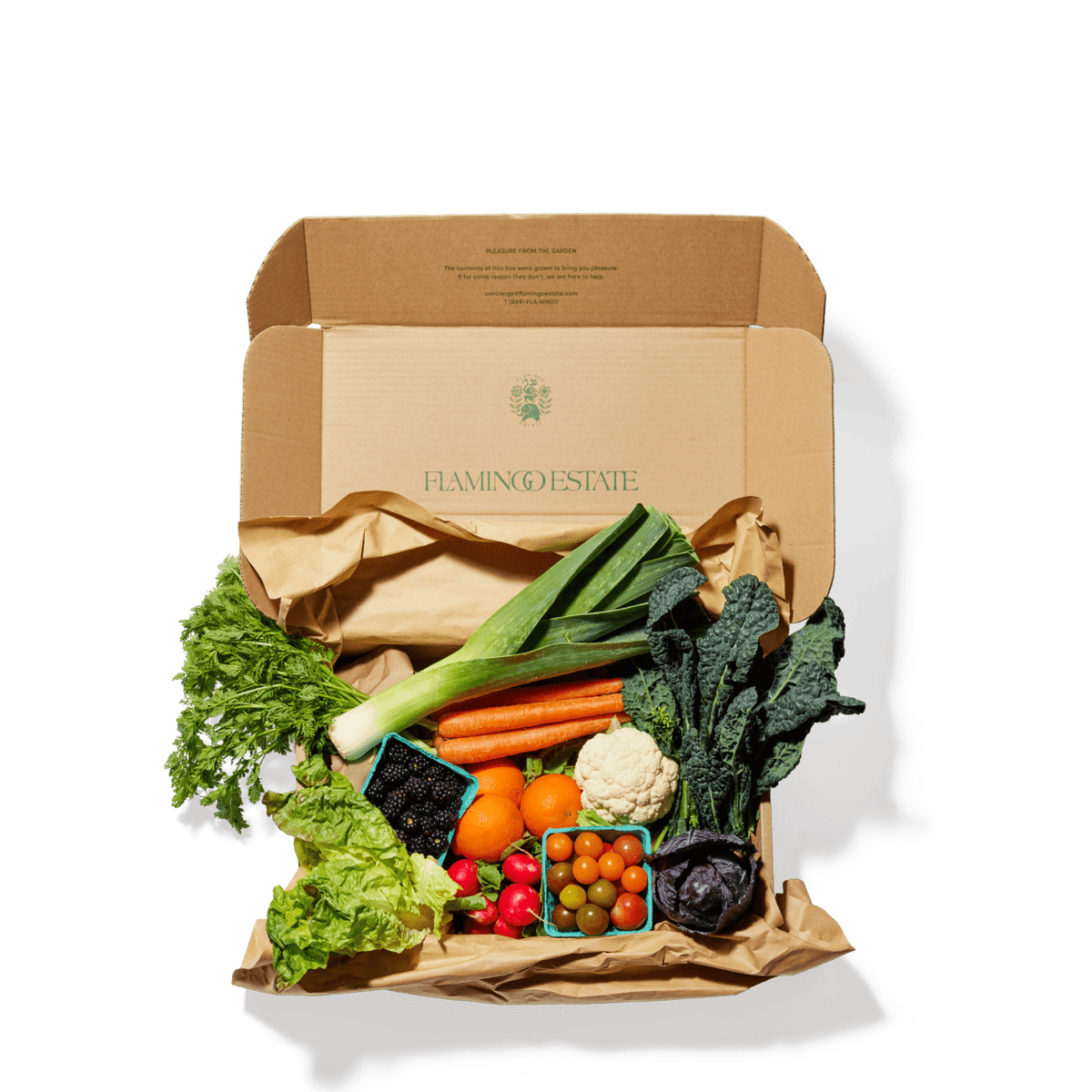 A cardboard box contains fresh vegetables.