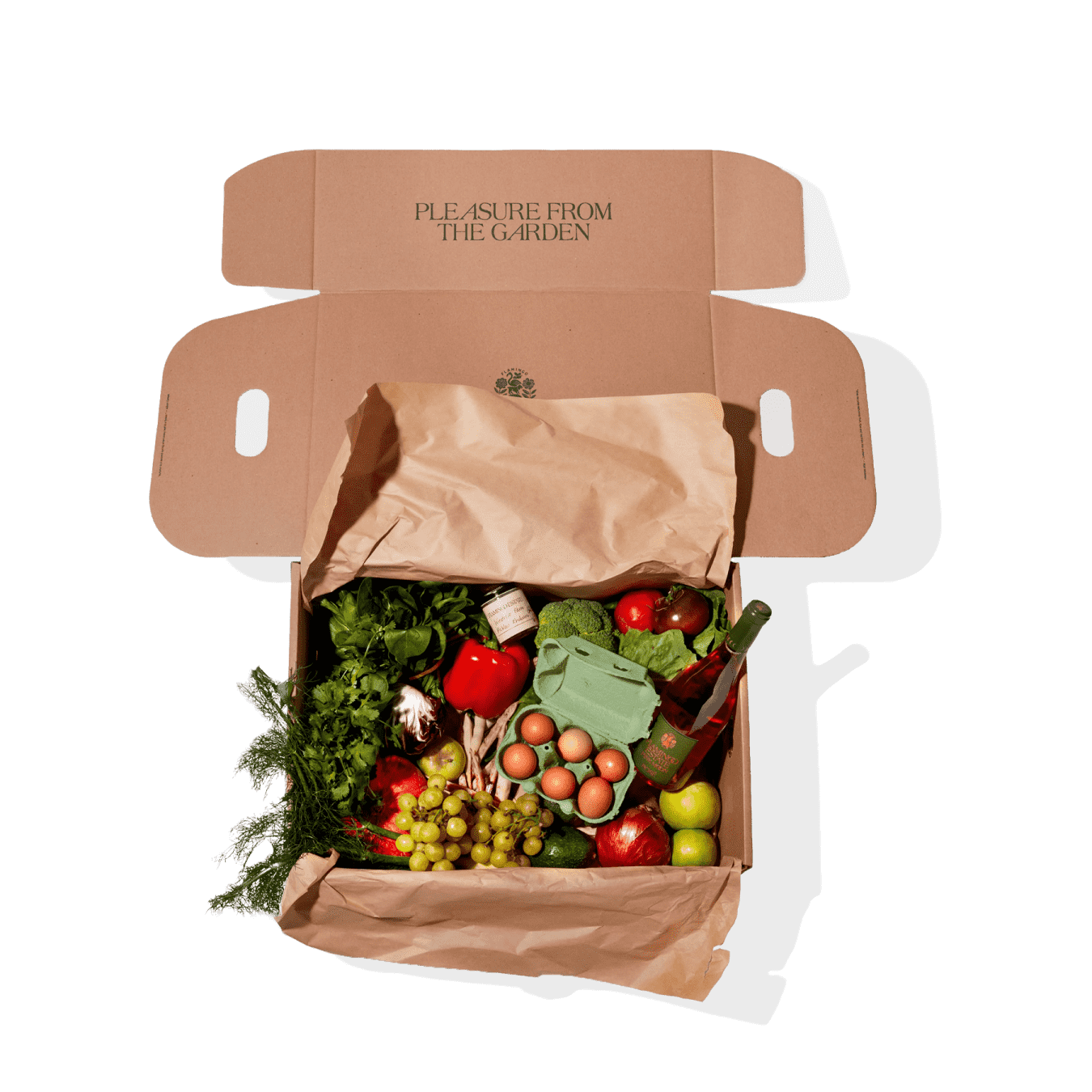  Open Delivery Box Filled With Fresh Produce And Flamingo Estate Rosé