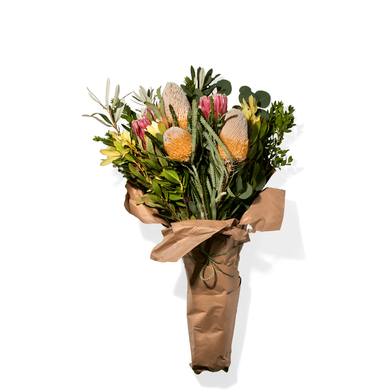 Vibrant Bouquet Of Assorted Flowers And Greenery, Arranged In Rustic-Style Paper Wrapping
